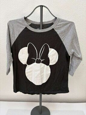 Disney Minnie Mouse Shirt Women M Black Gray Raglan 3/4 Sleeve Graphic